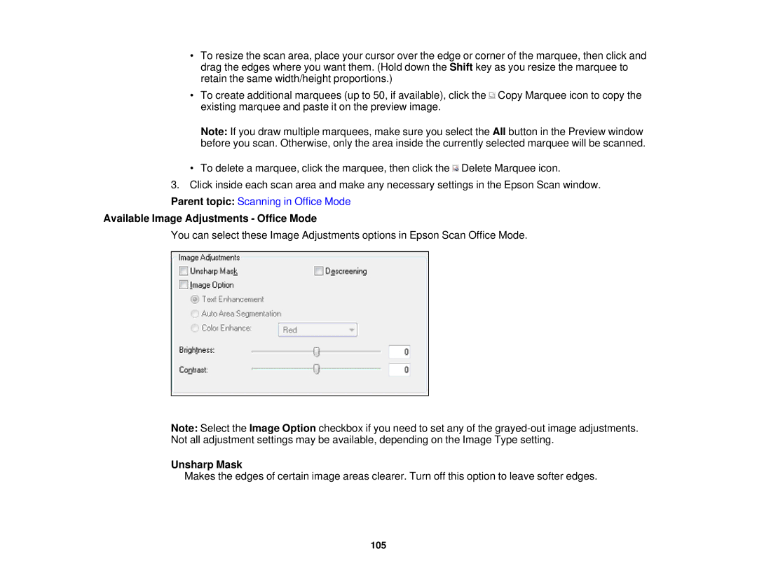 Epson XP-310 manual Available Image Adjustments Office Mode, Unsharp Mask 