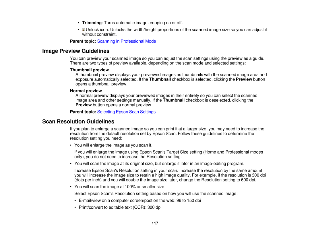 Epson XP-310 manual Image Preview Guidelines, Scan Resolution Guidelines, Thumbnail preview, Normal preview 