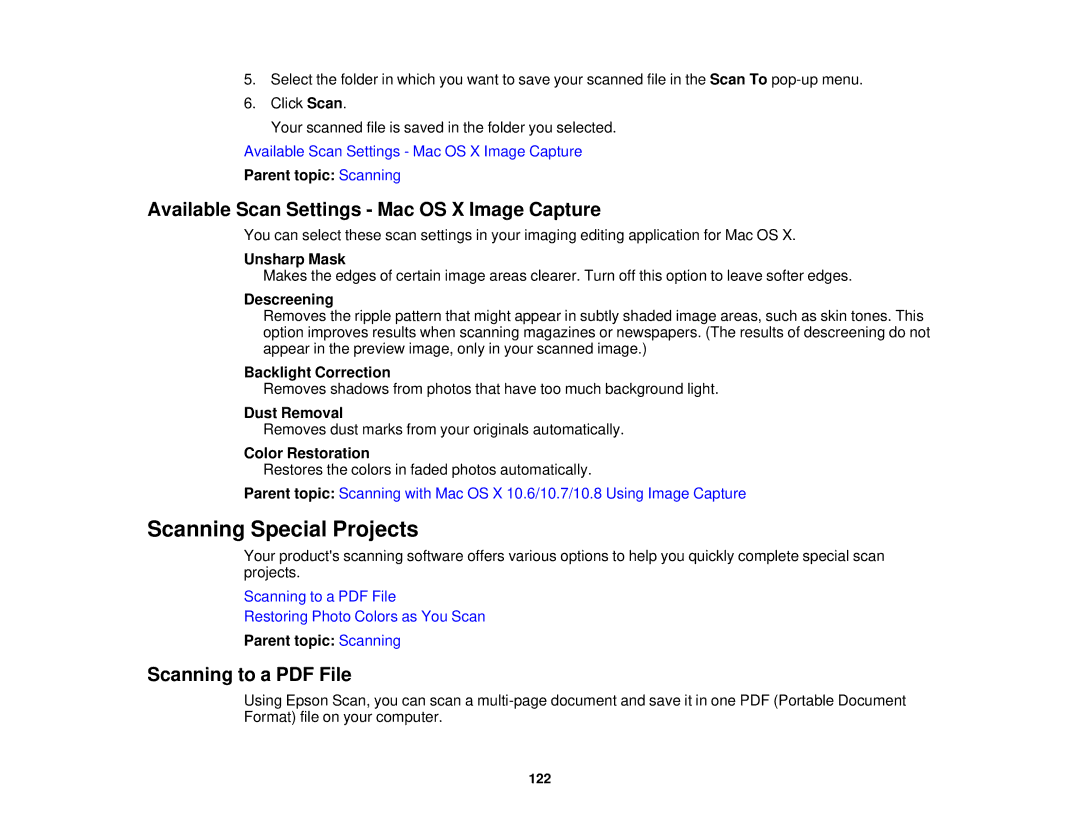 Epson XP-310 manual Scanning Special Projects, Available Scan Settings Mac OS X Image Capture 