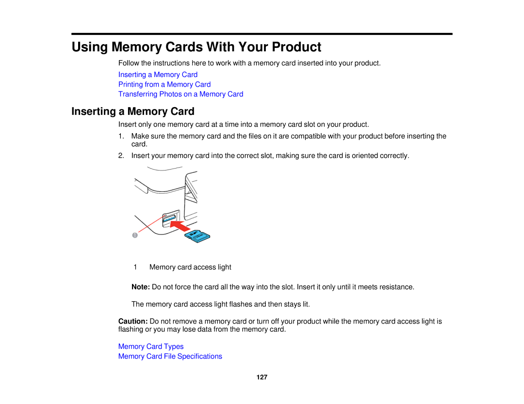 Epson XP-310 manual Using Memory Cards With Your Product, Inserting a Memory Card 