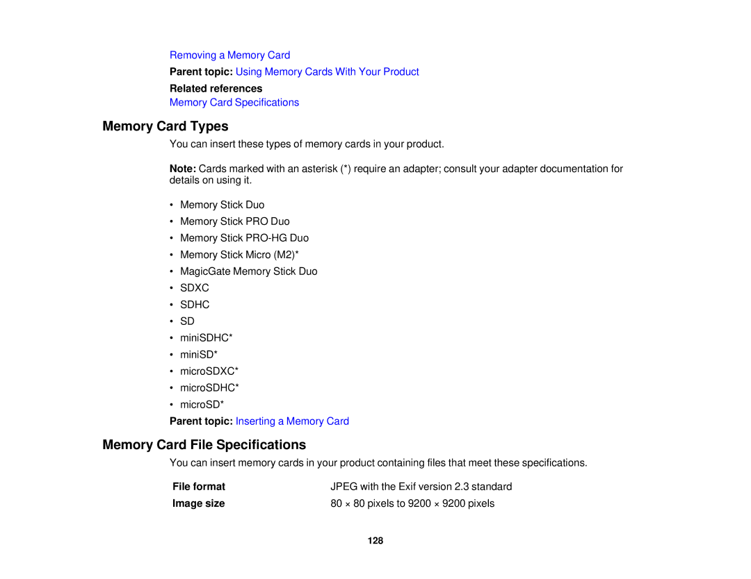 Epson XP-310 manual Memory Card Types, Memory Card File Specifications, File format 