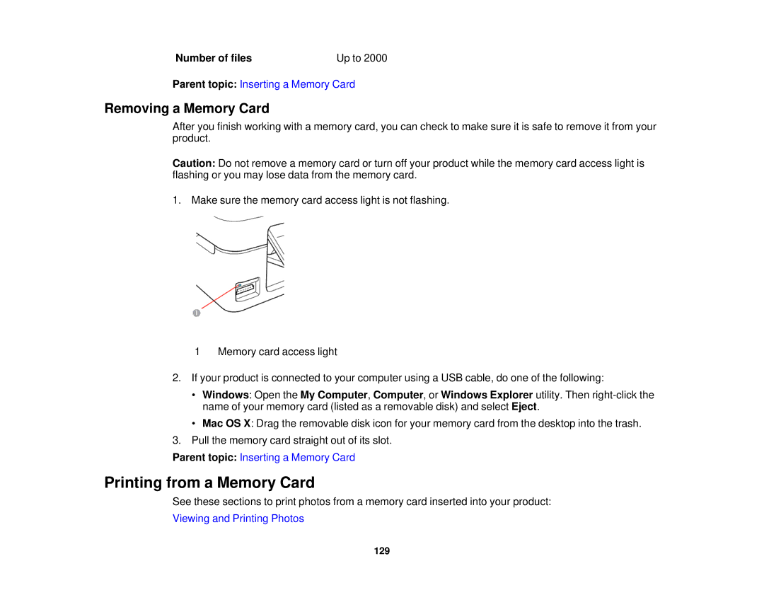 Epson XP-310 manual Printing from a Memory Card, Removing a Memory Card, Number of files 