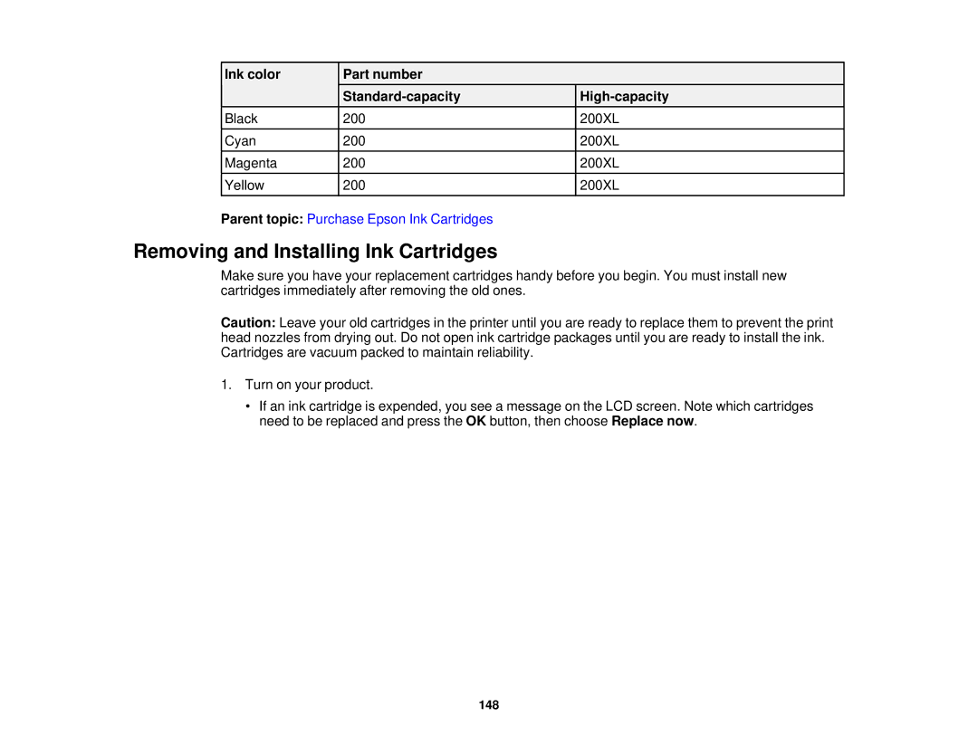 Epson XP-310 manual Removing and Installing Ink Cartridges, Ink color Part number Standard-capacity High-capacity 