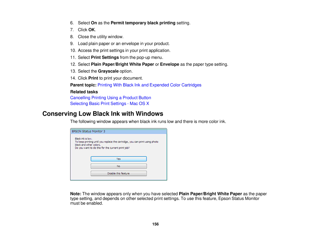 Epson XP-310 manual Conserving Low Black Ink with Windows, Select On as the Permit temporary black printing setting 