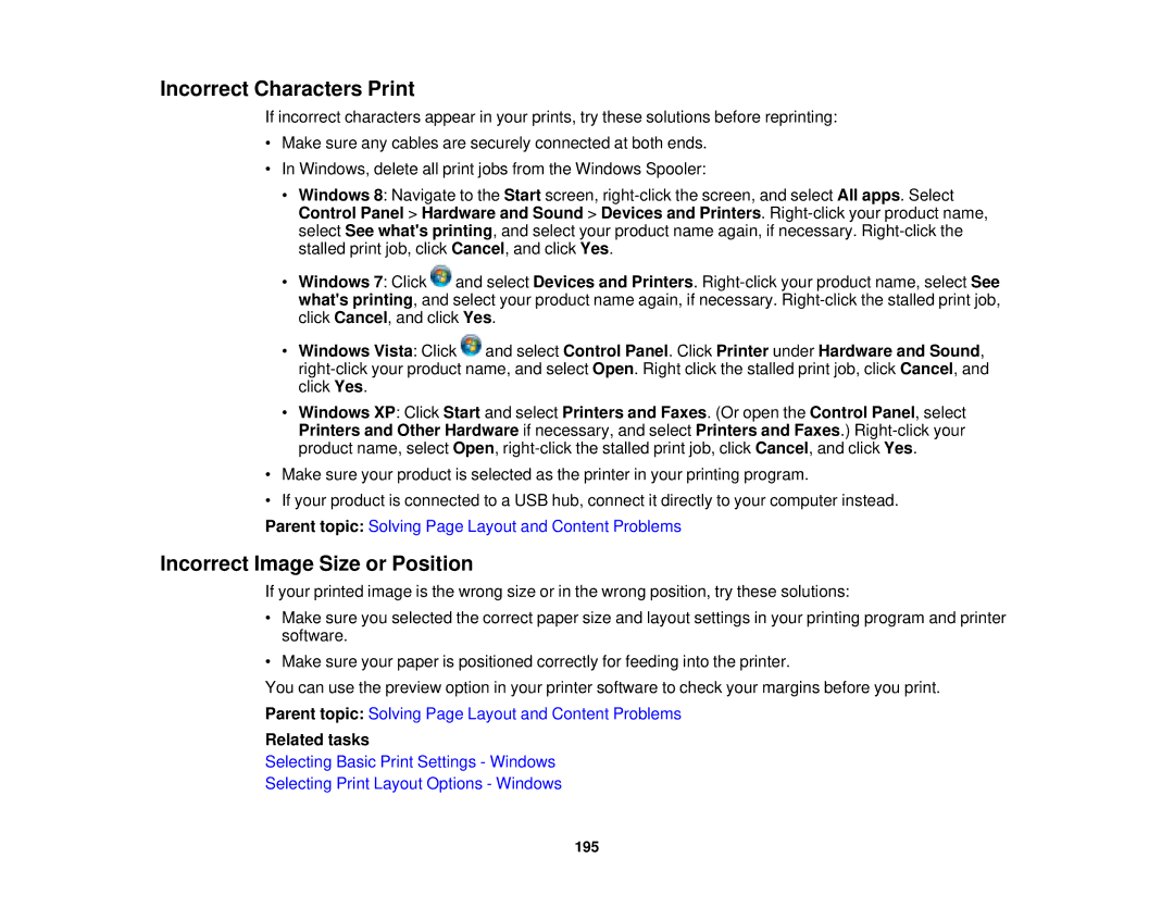 Epson XP-310 manual Incorrect Characters Print, Incorrect Image Size or Position 