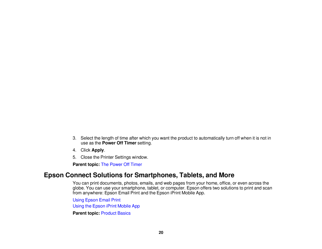 Epson XP-310 manual Epson Connect Solutions for Smartphones, Tablets, and More, Parent topic Product Basics 