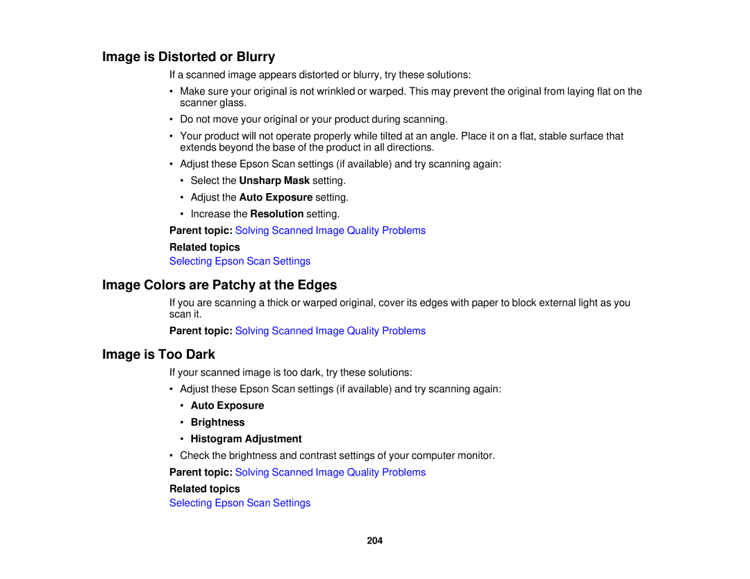 Epson XP-310 manual Image is Distorted or Blurry, Image Colors are Patchy at the Edges, Image is Too Dark 