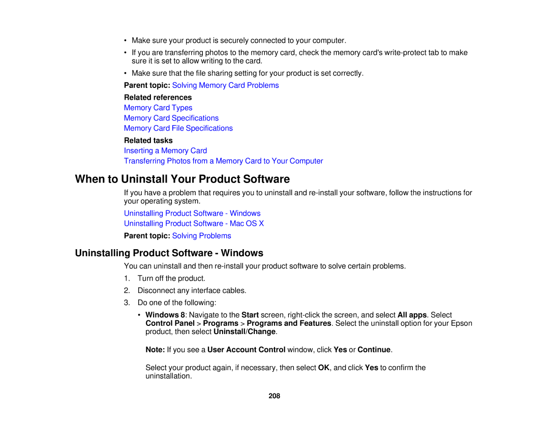 Epson XP-310 manual When to Uninstall Your Product Software, Uninstalling Product Software Windows 