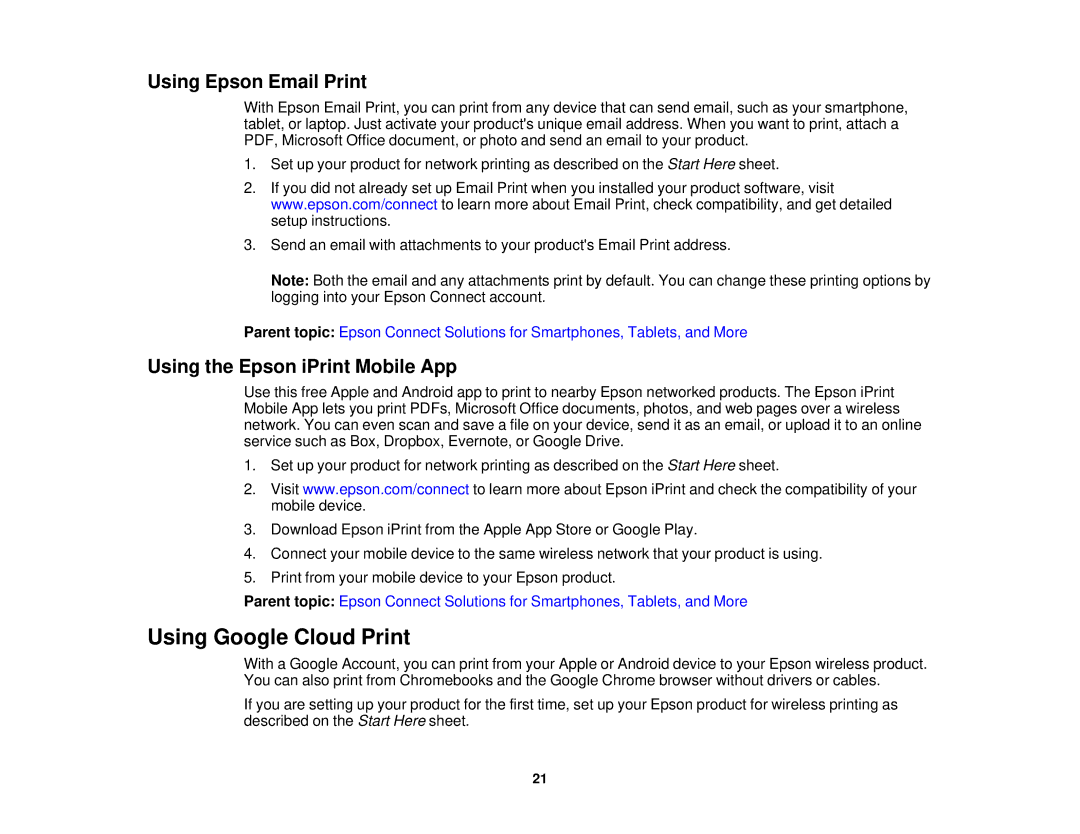 Epson XP-310 manual Using Google Cloud Print, Using Epson Email Print, Using the Epson iPrint Mobile App 