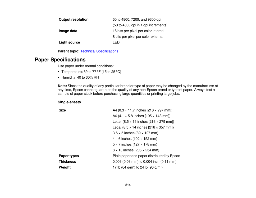 Epson XP-310 manual Paper Specifications 