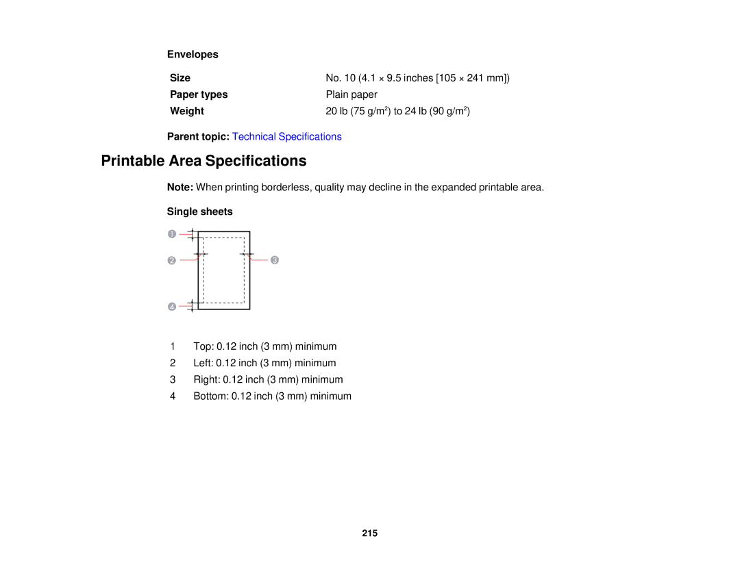 Epson XP-310 manual Printable Area Specifications, Envelopes Size, Single sheets 