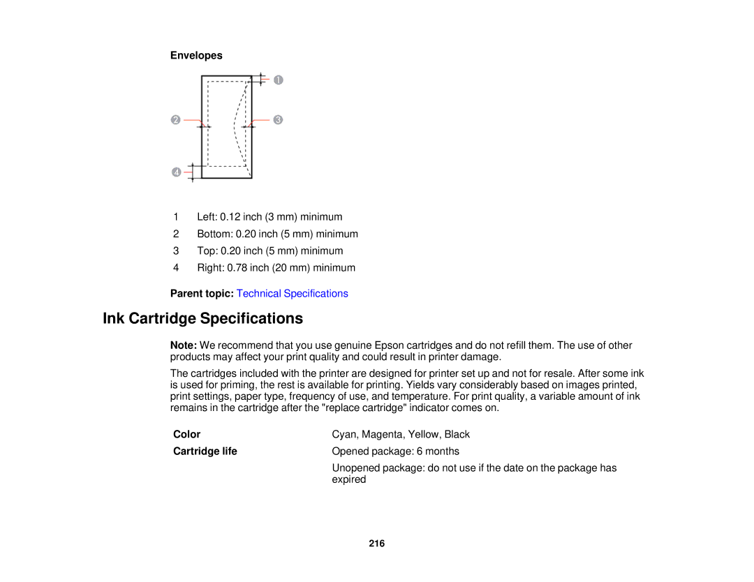 Epson XP-310 manual Ink Cartridge Specifications, Envelopes, Color, Cartridge life 