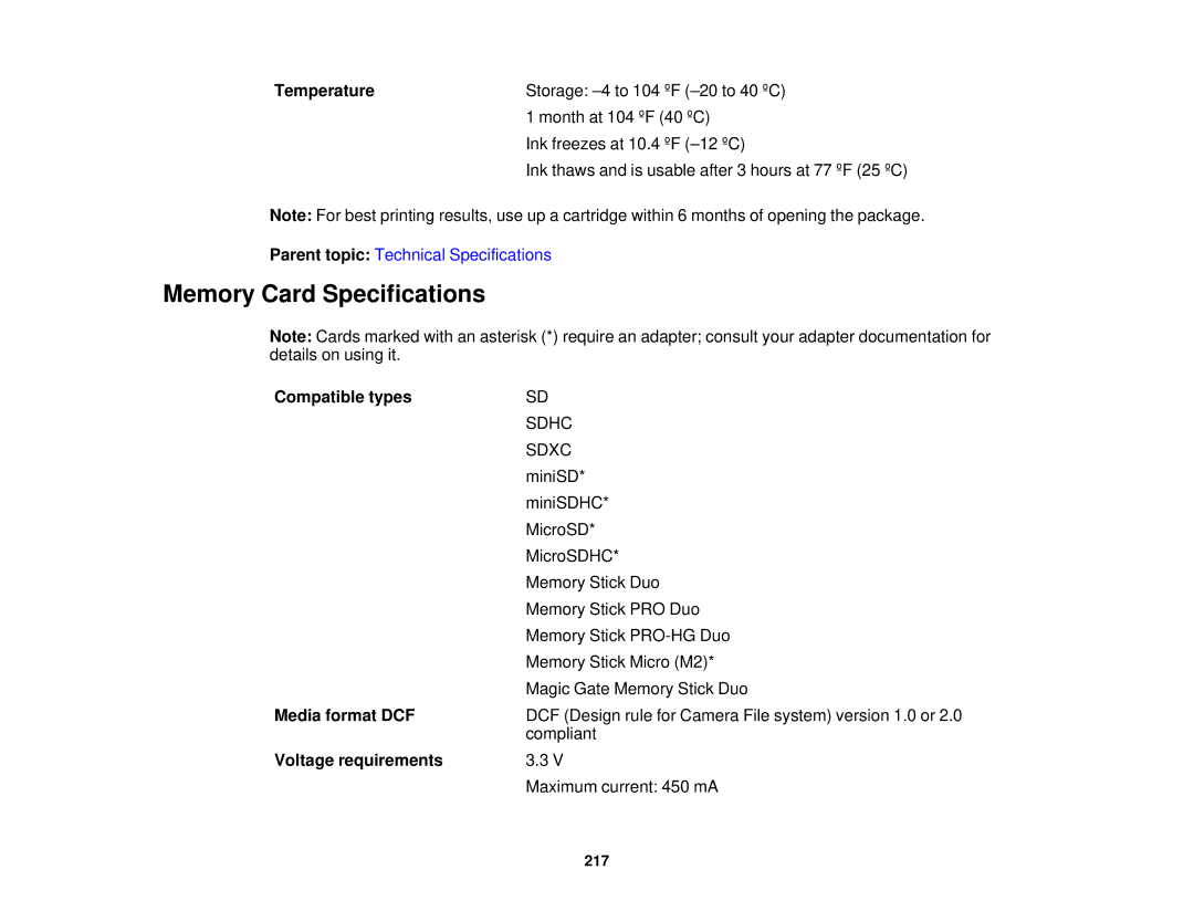 Epson XP-310 manual Memory Card Specifications, Temperature, Compatible types, Media format DCF, Voltage requirements 