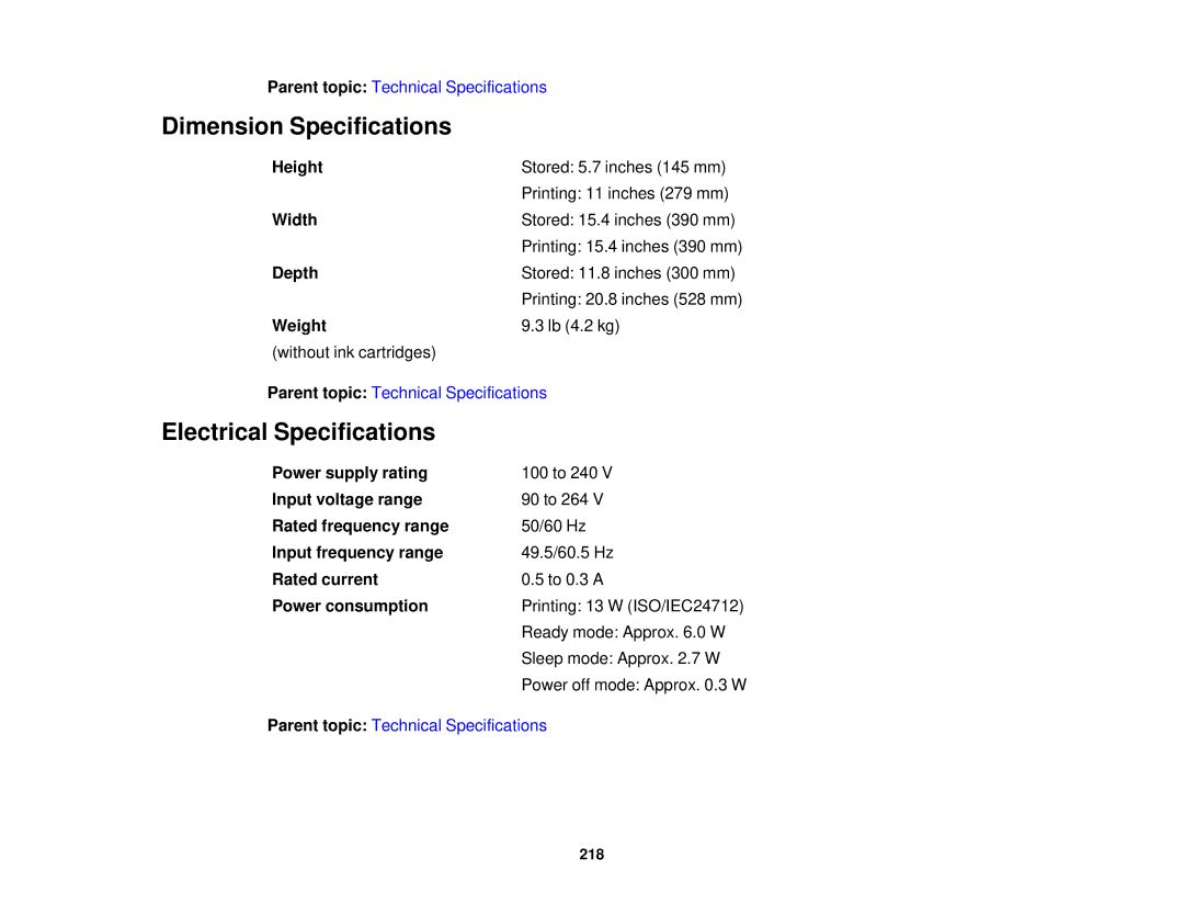 Epson XP-310 manual Dimension Specifications, Electrical Specifications 