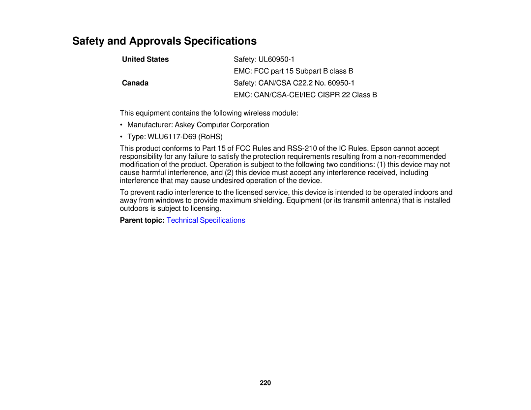 Epson XP-310 manual Safety and Approvals Specifications, United States, Canada 