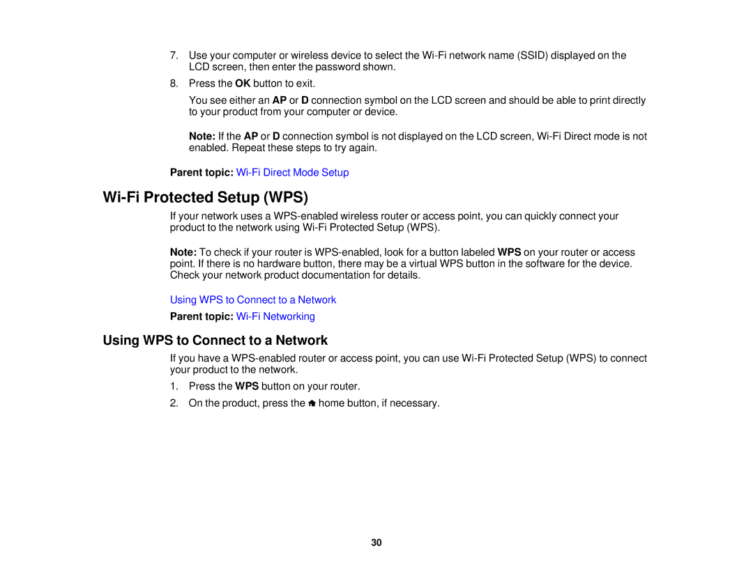 Epson XP-310 manual Wi-Fi Protected Setup WPS, Using WPS to Connect to a Network 