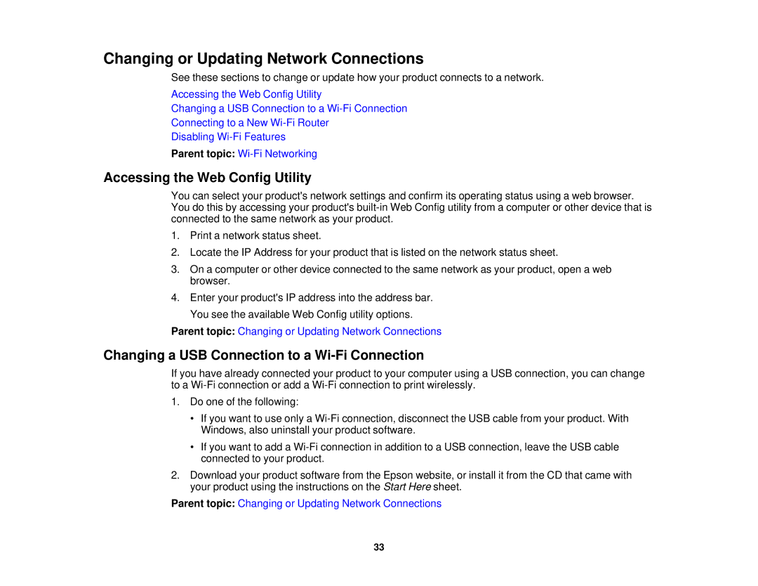 Epson XP-310 manual Changing or Updating Network Connections, Accessing the Web Config Utility 