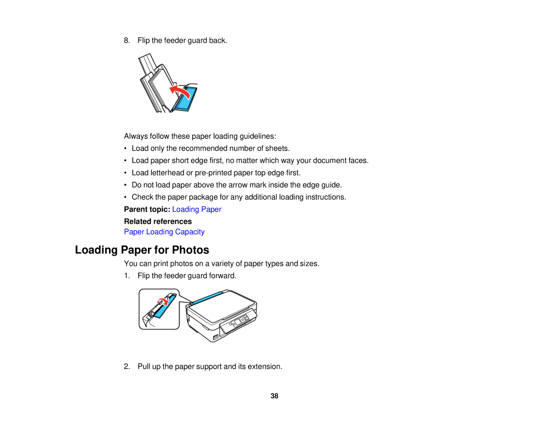 Epson XP-310 manual Loading Paper for Photos, Parent topic Loading Paper Related references 