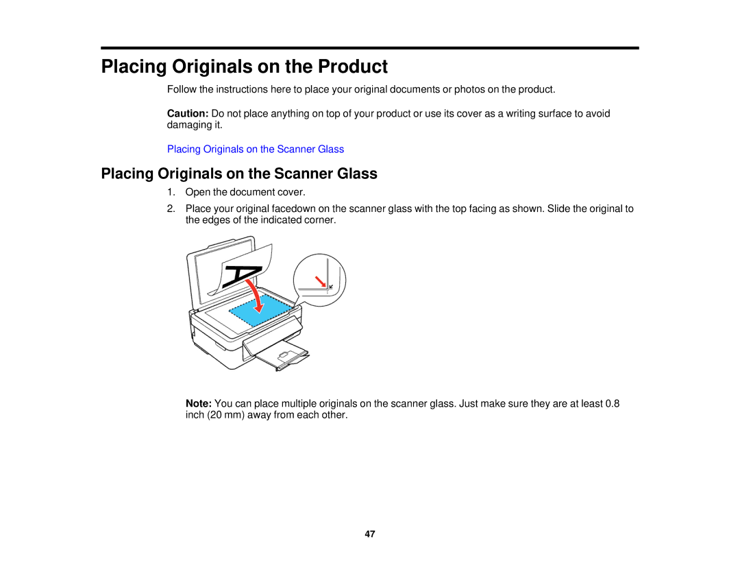 Epson XP-310 manual Placing Originals on the Product, Placing Originals on the Scanner Glass 