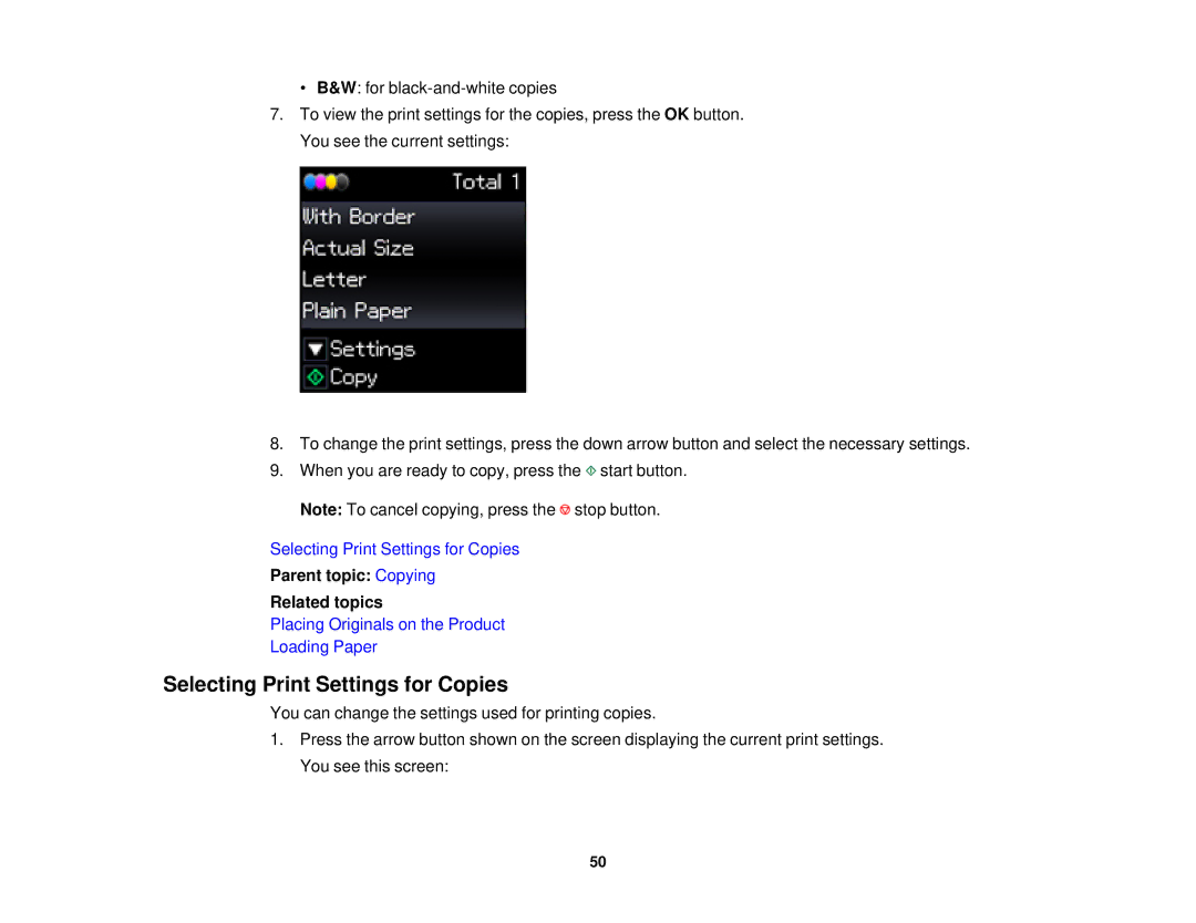 Epson XP-310 manual Selecting Print Settings for Copies, Parent topic Copying Related topics 