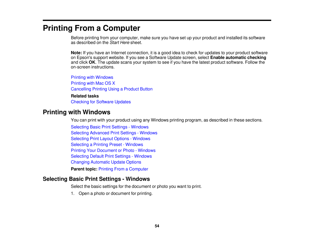 Epson XP-310 manual Printing with Windows, Selecting Basic Print Settings Windows, Related tasks 