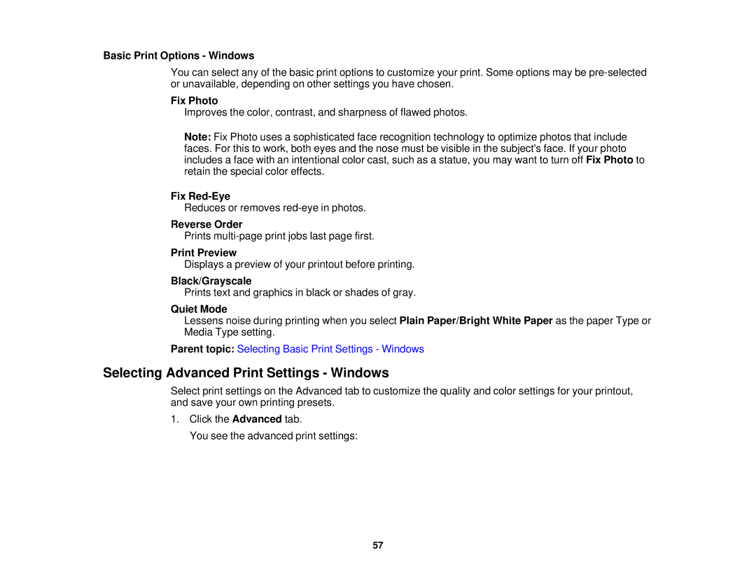 Epson XP-310 manual Selecting Advanced Print Settings Windows 