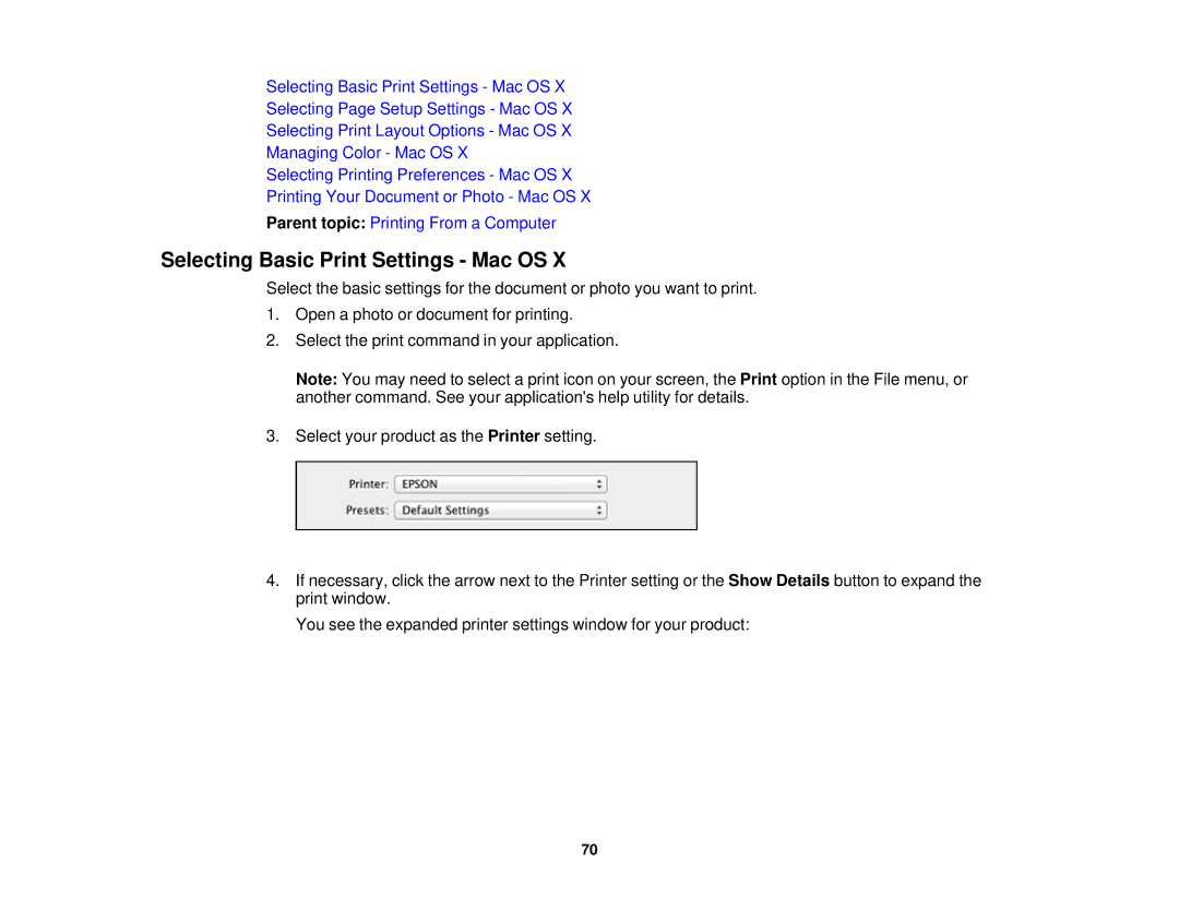 Epson XP-310 manual Selecting Basic Print Settings Mac OS 