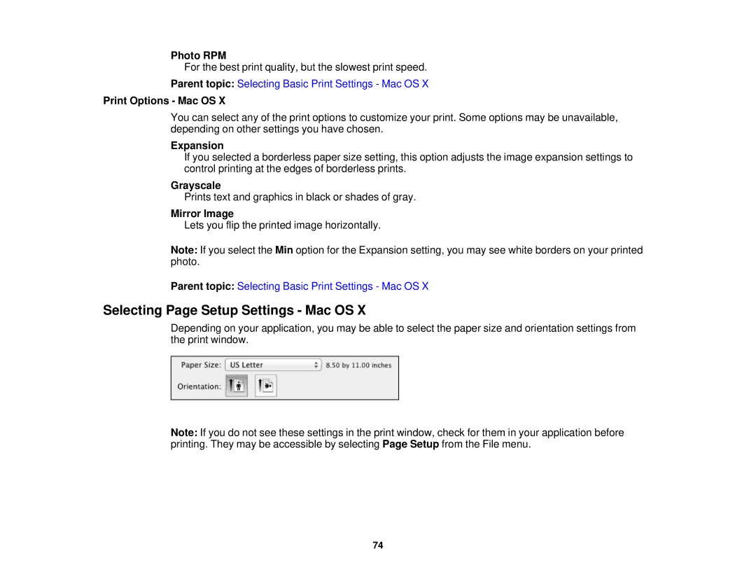 Epson XP-310 manual Selecting Page Setup Settings Mac OS, Print Options Mac OS, Expansion, Grayscale, Mirror Image 