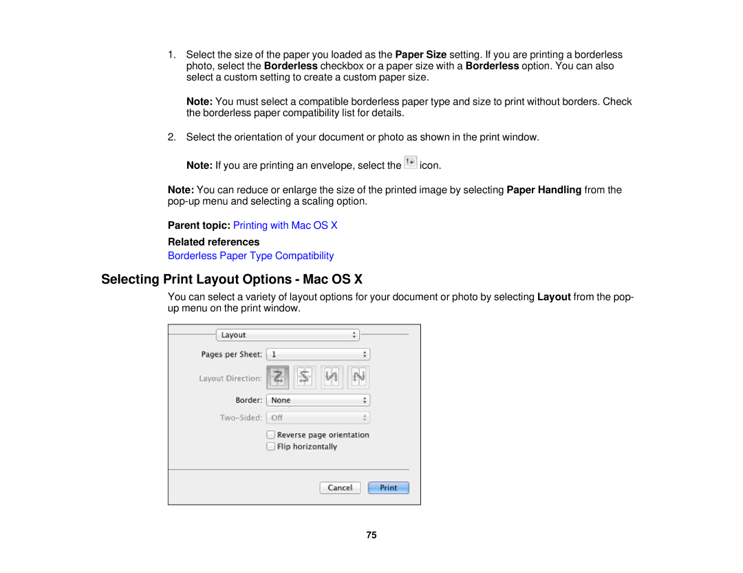 Epson XP-310 manual Selecting Print Layout Options Mac OS 