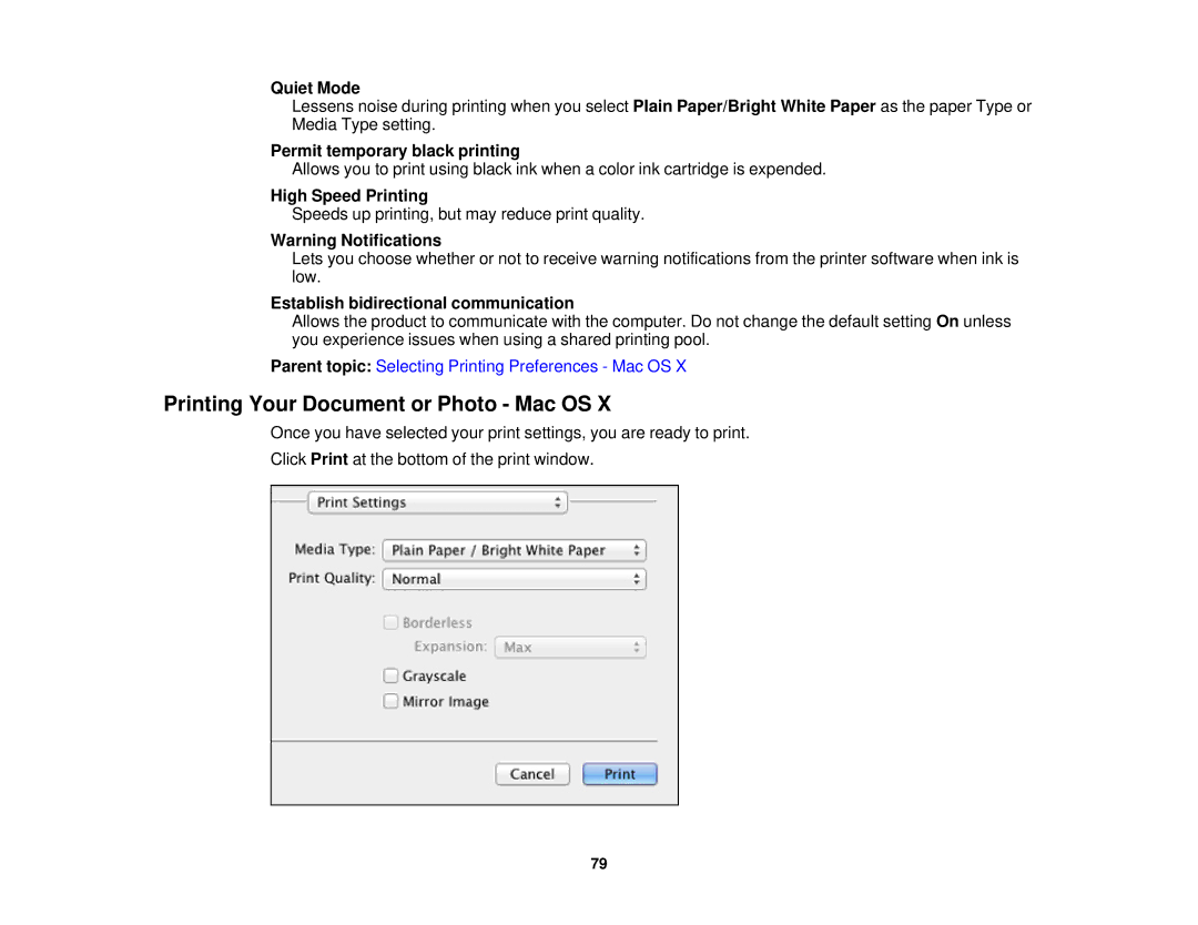 Epson XP-310 manual Printing Your Document or Photo Mac OS, Permit temporary black printing, High Speed Printing 