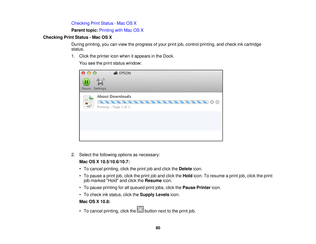 Epson XP-310 manual Checking Print Status Mac OS, Mac OS X 10.5/10.6/10.7 