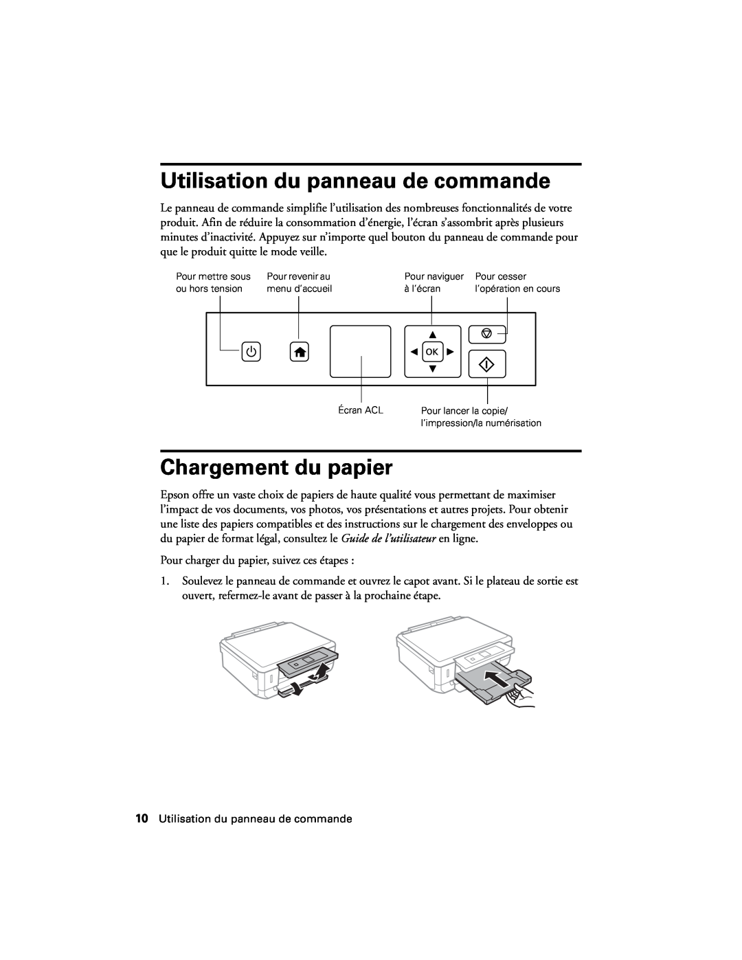Epson XP-520 manual Utilisation du panneau de commande, Chargement du papier 