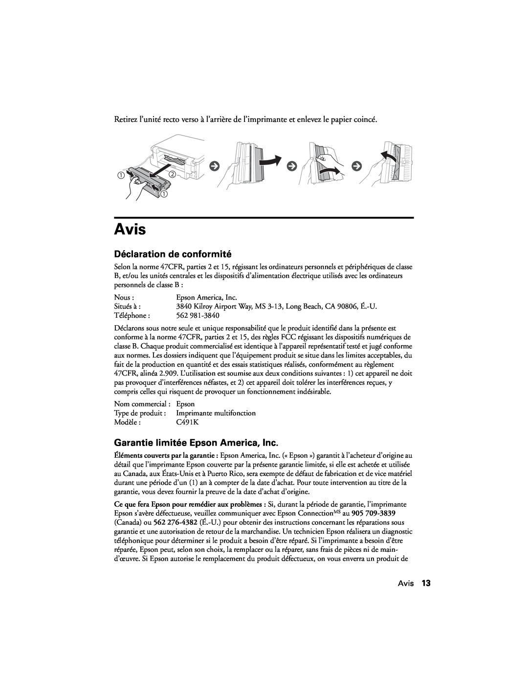 Epson XP-520 manual Avis, Déclaration de conformité, Garantie limitée Epson America, Inc 