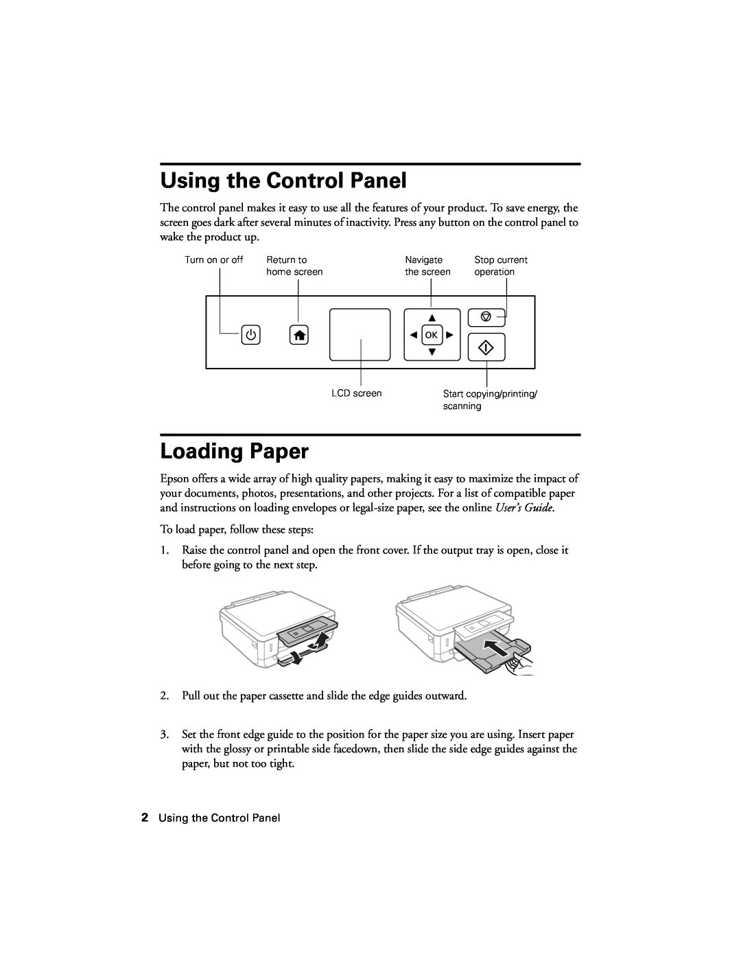 Epson XP-520 manual Using the Control Panel, Loading Paper 