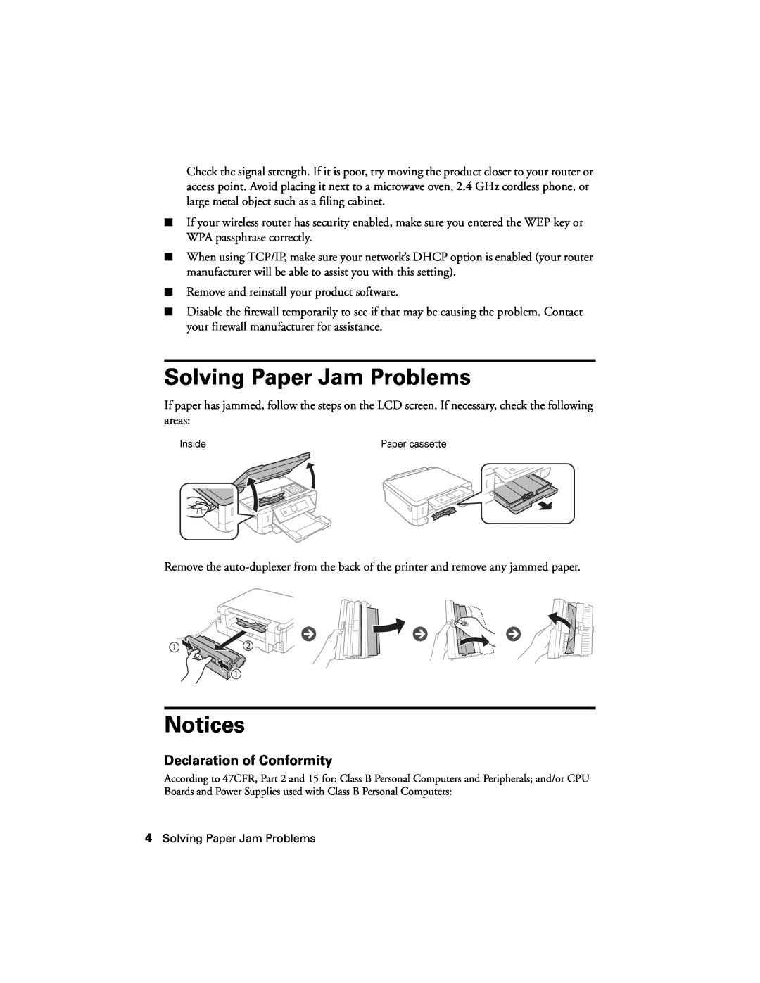 Epson XP-520 manual Solving Paper Jam Problems, Notices, Declaration of Conformity 