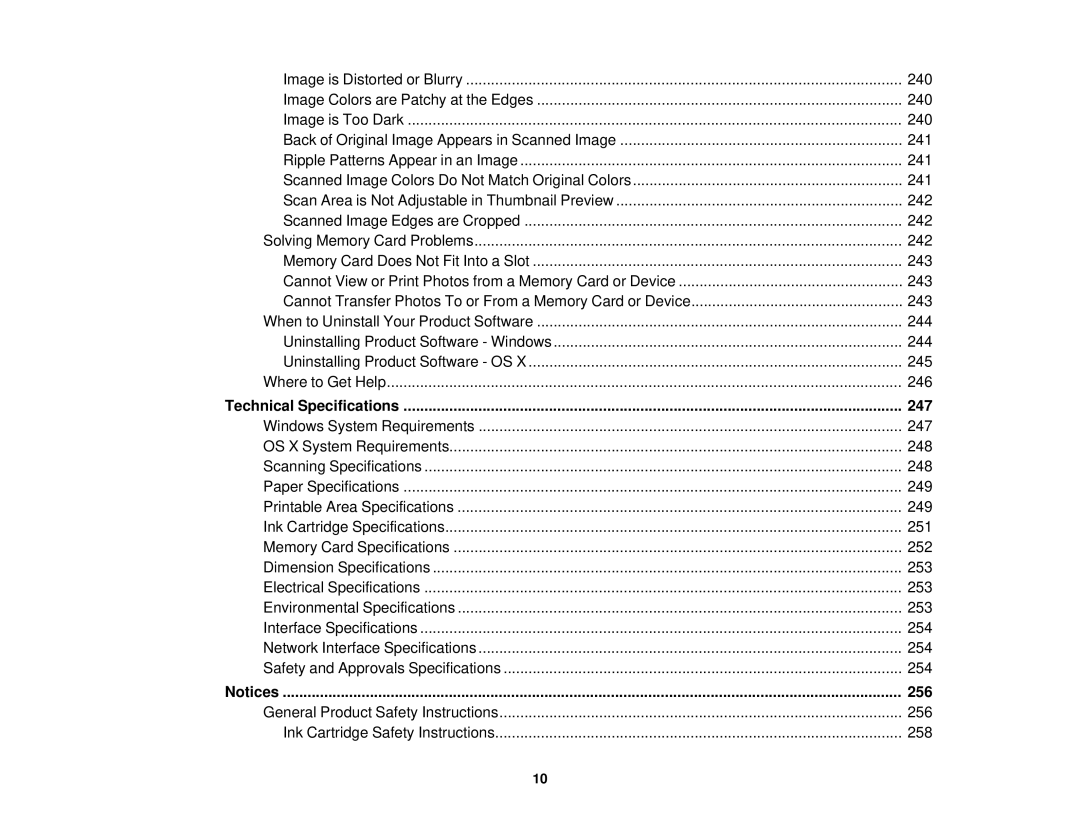 Epson XP-520 manual Technical Specifications 247, 256 