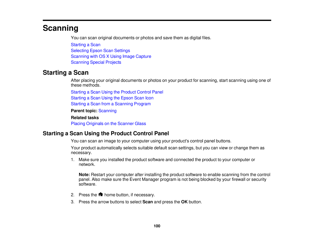 Epson XP-520 manual Starting a Scan Using the Product Control Panel, Parent topic Scanning Related tasks 