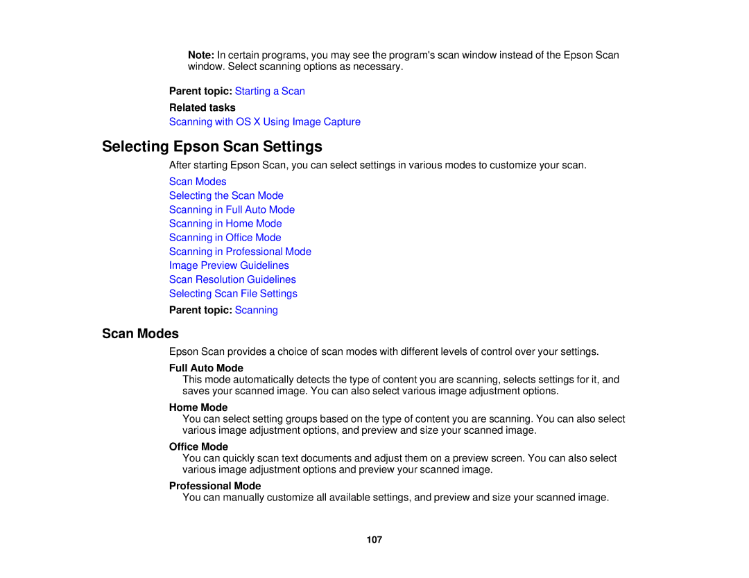 Epson XP-520 manual Selecting Epson Scan Settings, Scan Modes 