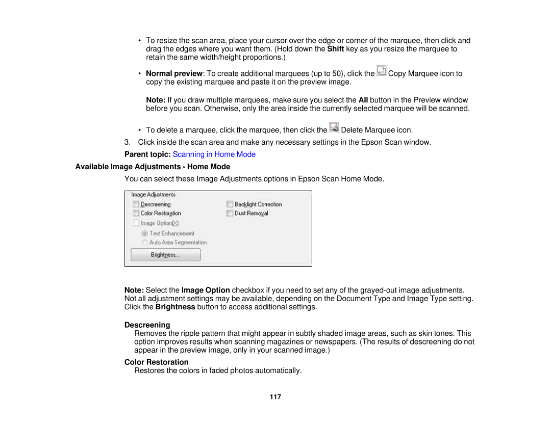 Epson XP-520 manual Available Image Adjustments Home Mode, Descreening 