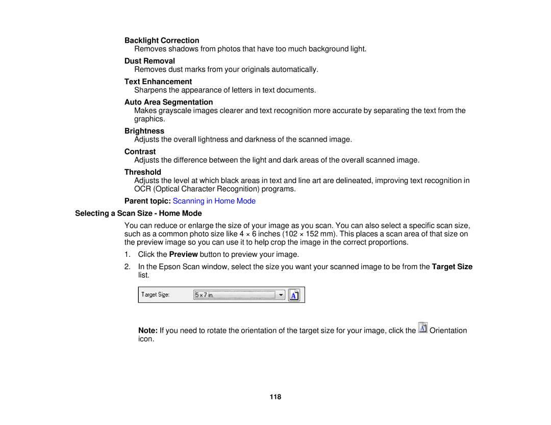 Epson XP-520 manual Backlight Correction, Text Enhancement, Auto Area Segmentation, Brightness, Threshold 