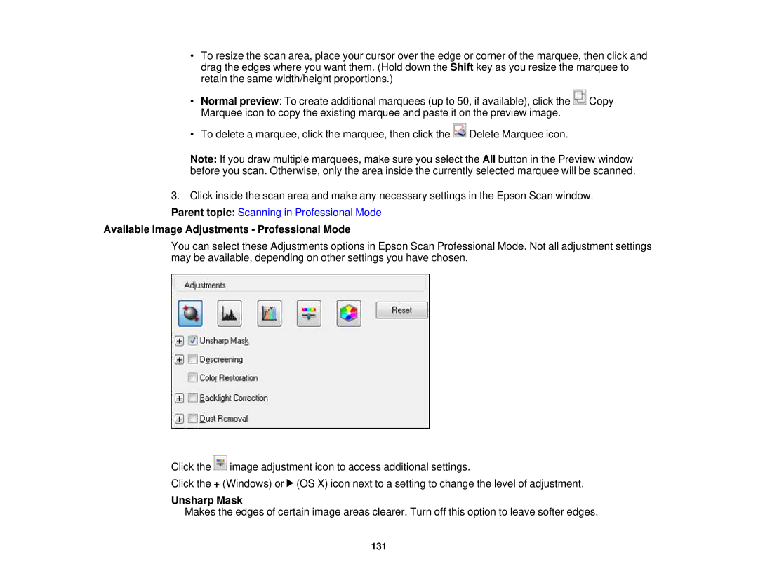 Epson XP-520 manual Available Image Adjustments Professional Mode, Unsharp Mask 