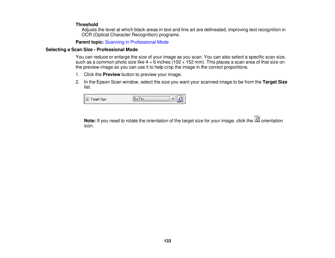 Epson XP-520 manual Threshold, Selecting a Scan Size Professional Mode 