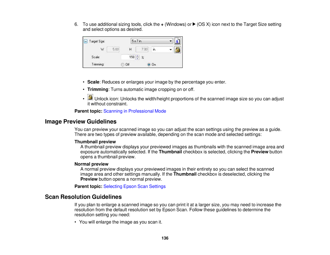 Epson XP-520 manual Image Preview Guidelines, Scan Resolution Guidelines, Thumbnail preview, Normal preview 