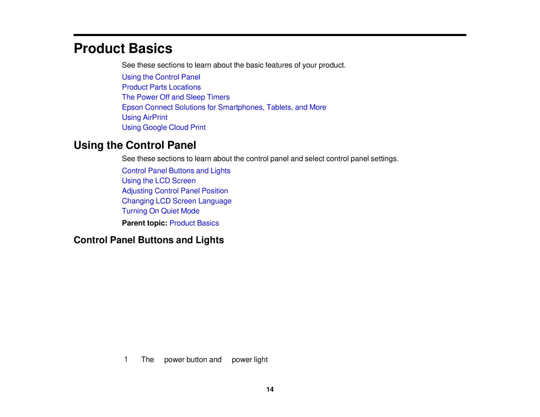 Epson XP-520 manual Using the Control Panel, Control Panel Buttons and Lights, Parent topic Product Basics 