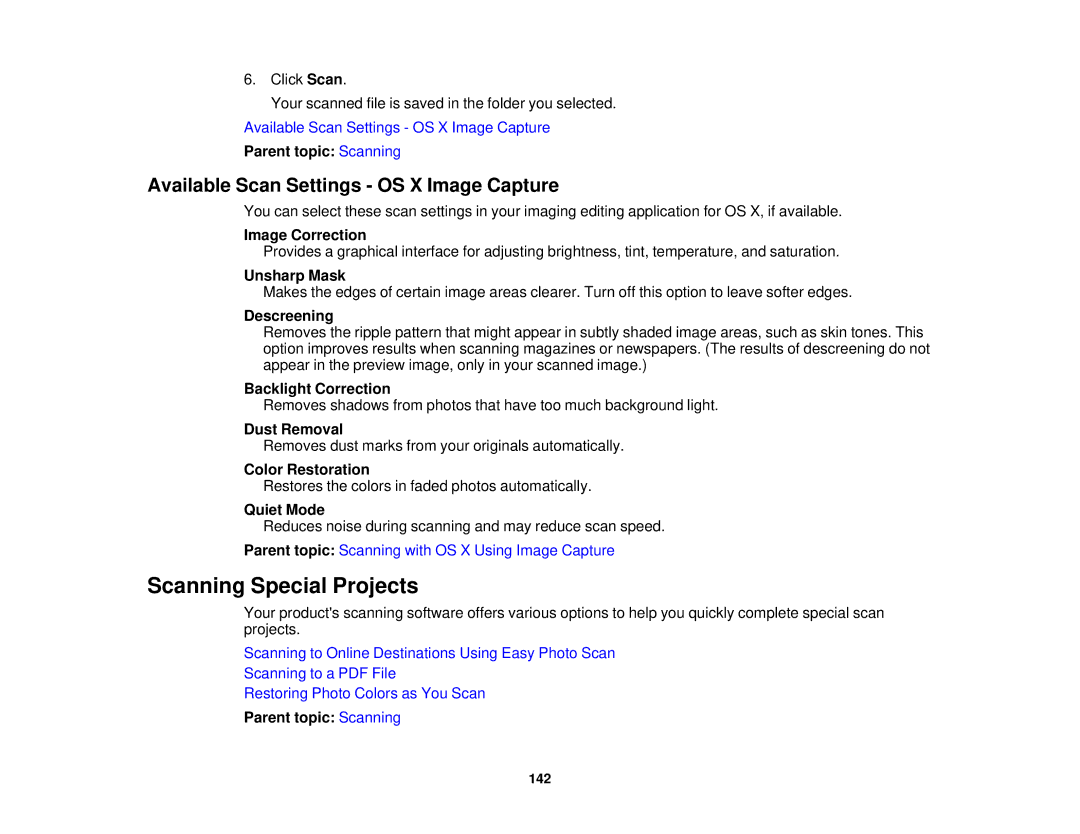 Epson XP-520 manual Scanning Special Projects, Available Scan Settings OS X Image Capture, Image Correction 