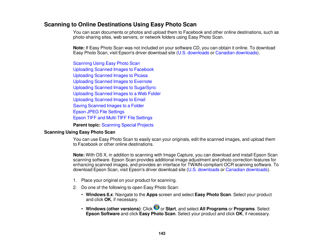 Epson XP-520 manual Scanning to Online Destinations Using Easy Photo Scan, Scanning Using Easy Photo Scan 