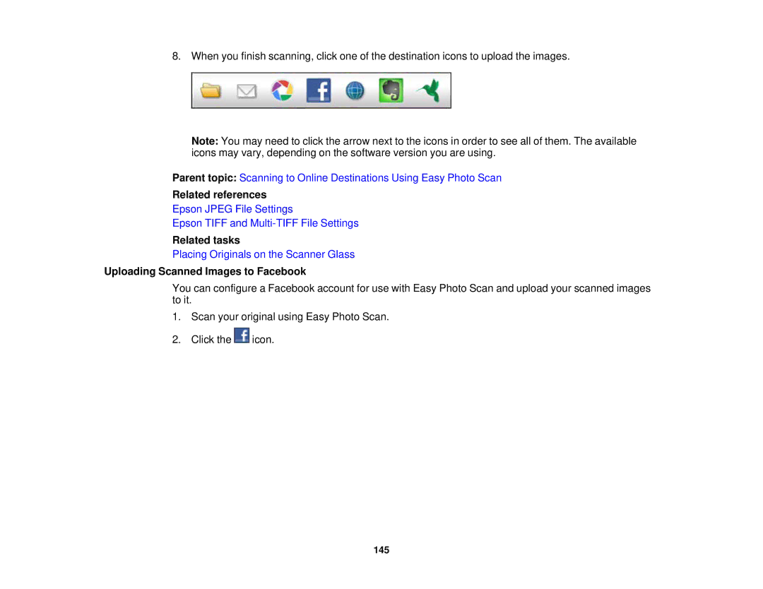 Epson XP-520 manual Related references, Uploading Scanned Images to Facebook 
