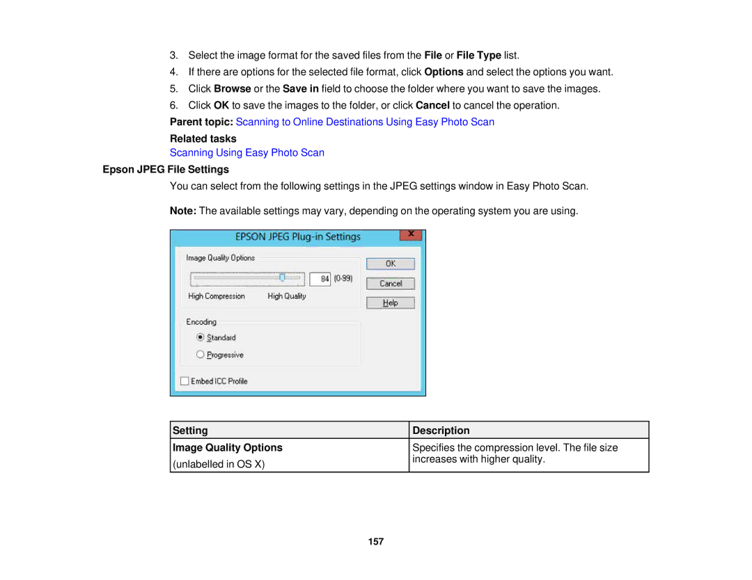 Epson XP-520 manual Epson Jpeg File Settings, Setting Description Image Quality Options 