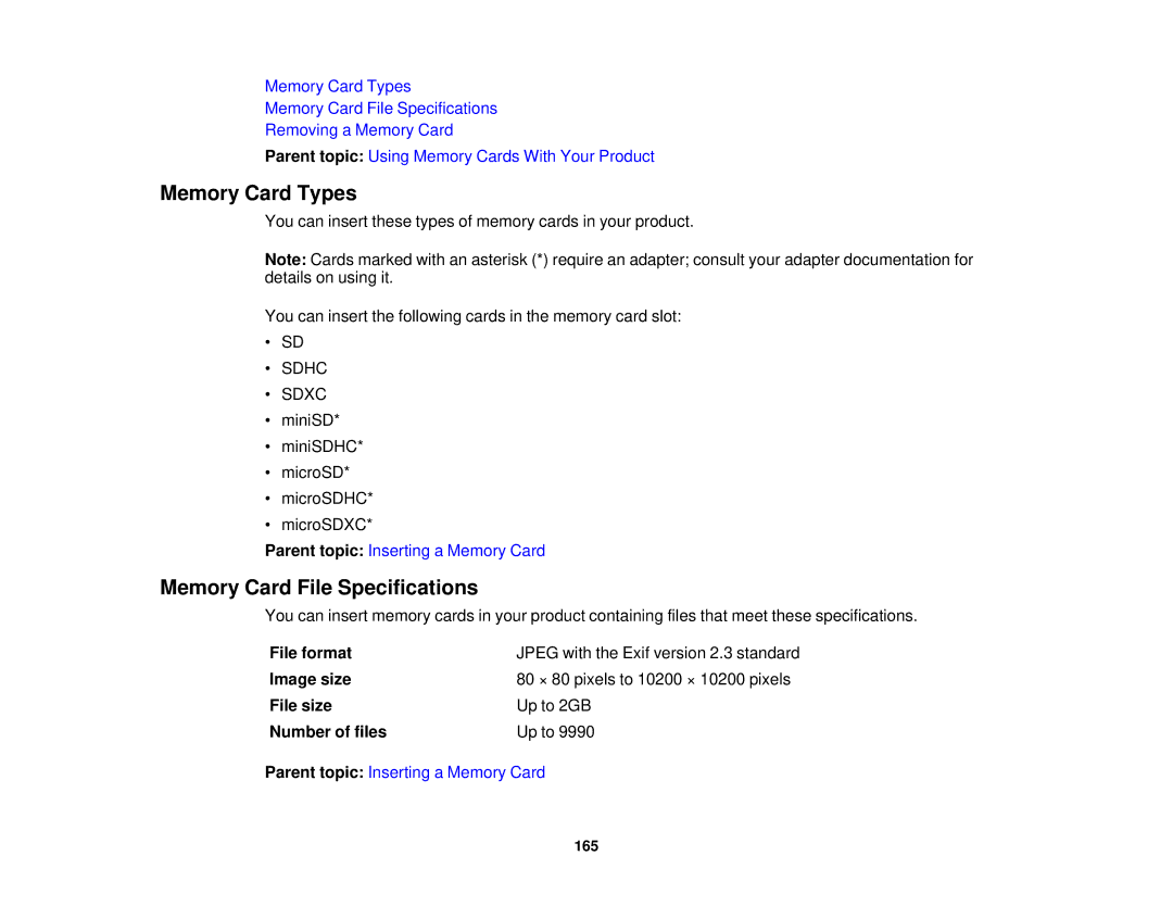 Epson XP-520 manual Memory Card Types, Memory Card File Specifications, File format 