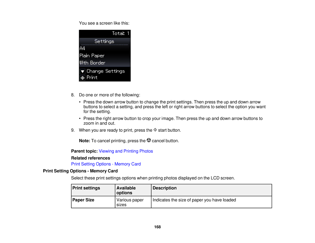 Epson XP-520 manual Related references, Print Setting Options Memory Card 